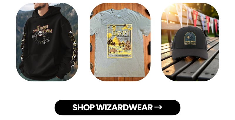 Wizardwear apparel grid (hoodie, tee, cap) with Shop Wizardwear button; discounts auto-applied.