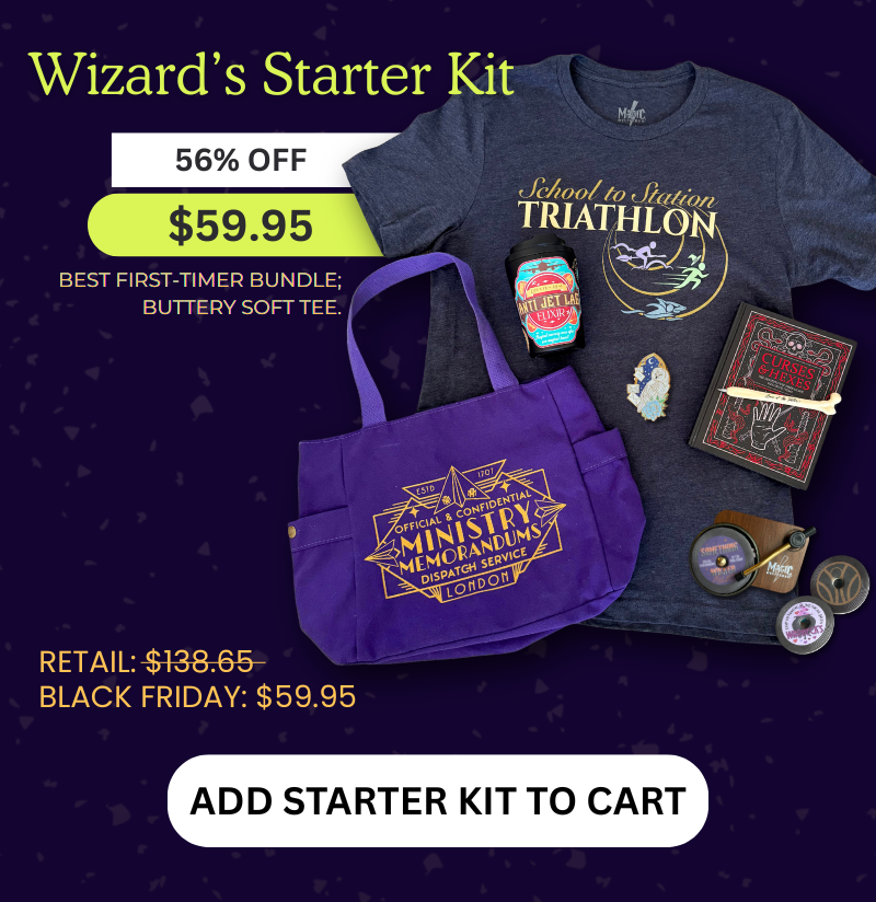 Wizard's Starter Kit at 56% off. Retail $138.65, Black Friday $59.95. Best first-timer bundle with size-inclusive tee. Button: Add Starter Kit to Cart.