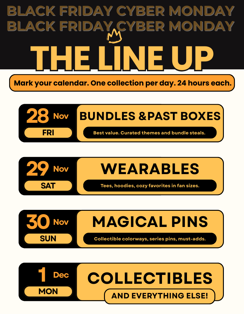 Schedule graphic listing: Fri 28 Nov Bundles & Past Boxes; Sat 29 Nov Wearables; Sun 30 Nov Magical Pins; Mon 1 Dec Collectibles & Everything Else, with 'Start Making My List' prompt.