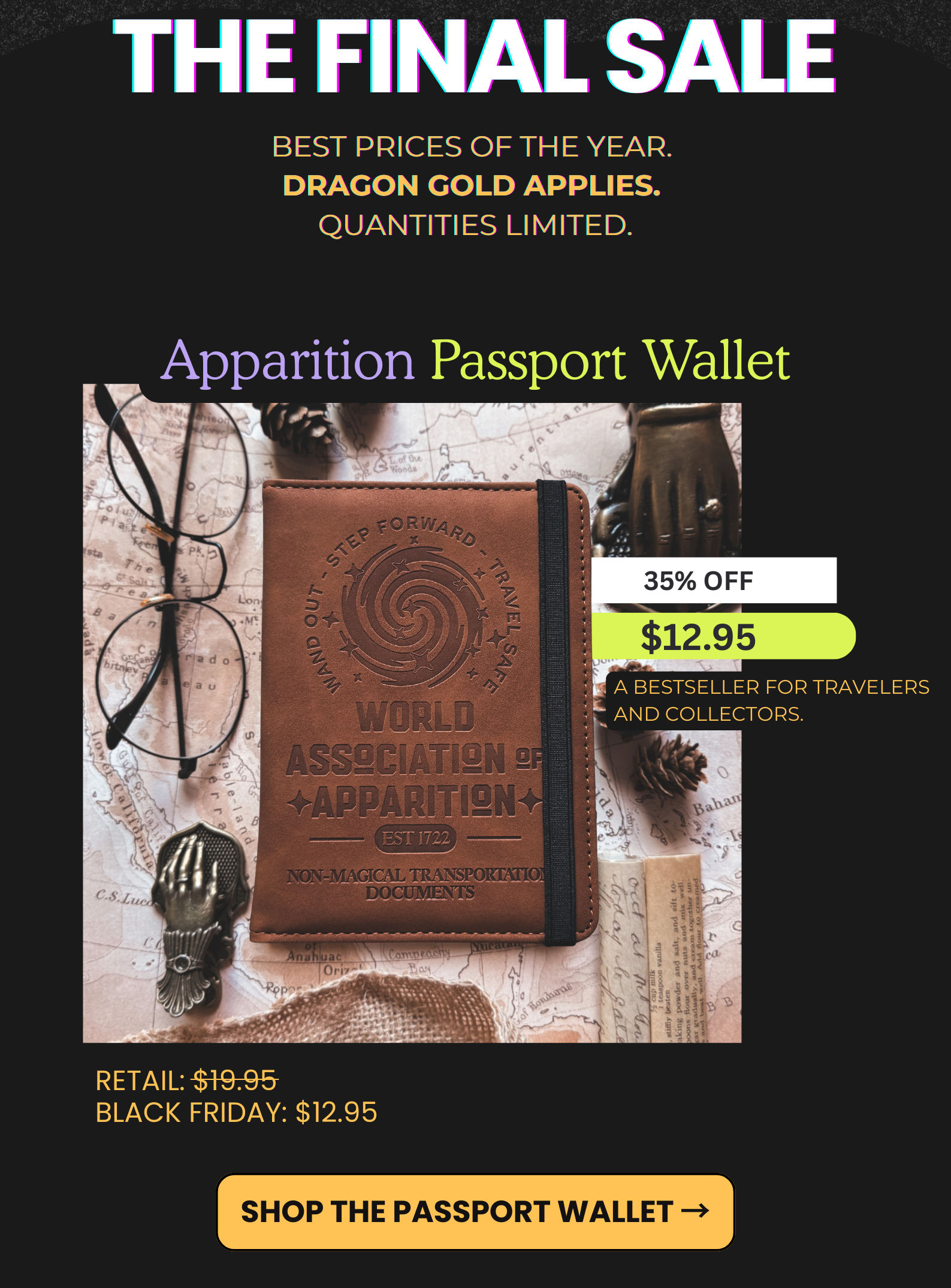 Apparition Passport Wallet on sale for $12.95, bestselling collectible accessory.
