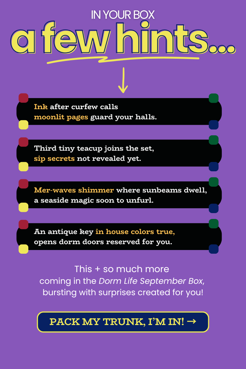 Four poetic hints—prefect tee, third teacup, mer‑wave surprise, house‑color key—plus more to come.