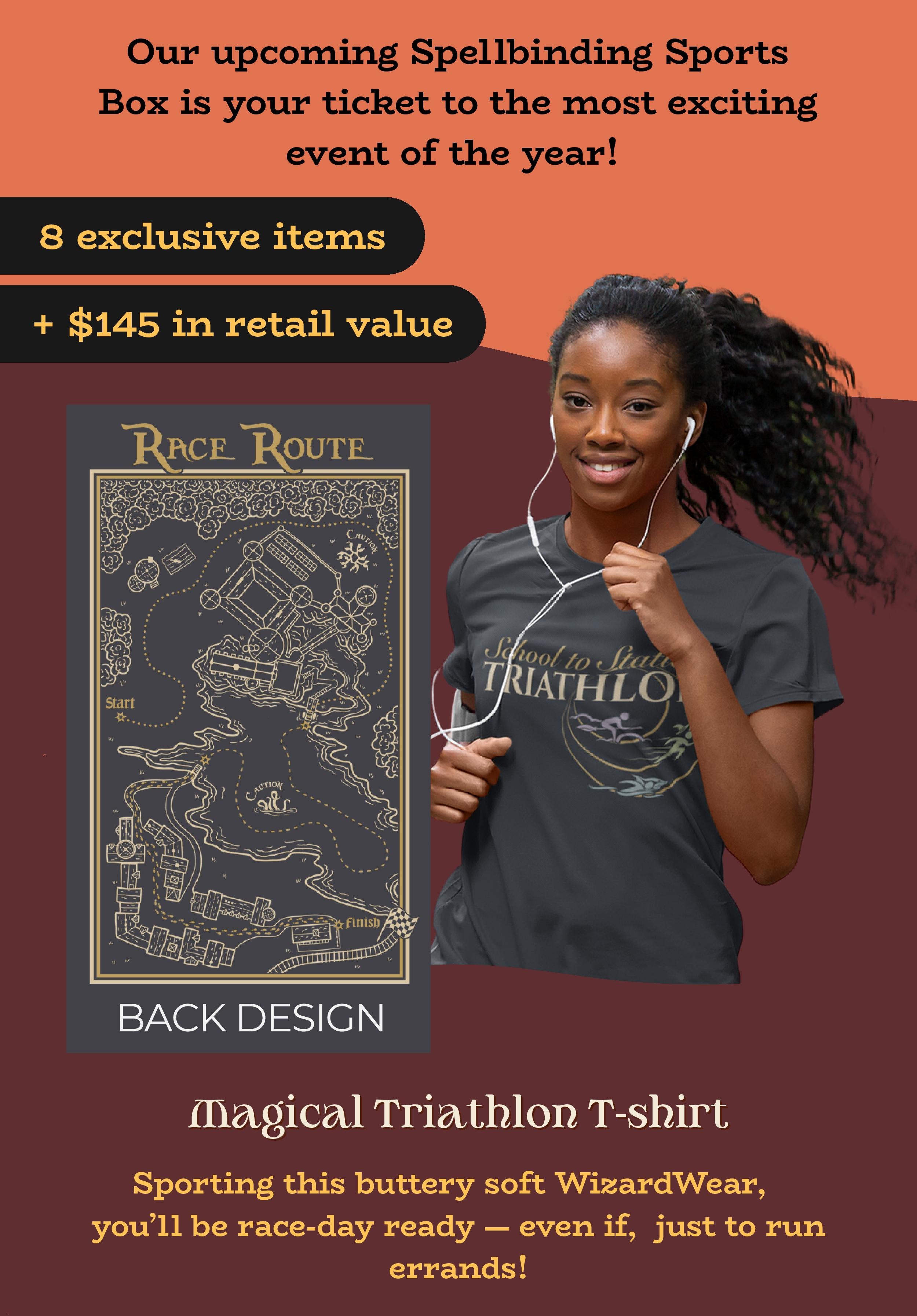 2 of 8 items coming this box including the Spellbinding Sports Mini Tea Cup + Magical Triathlon T-shirt