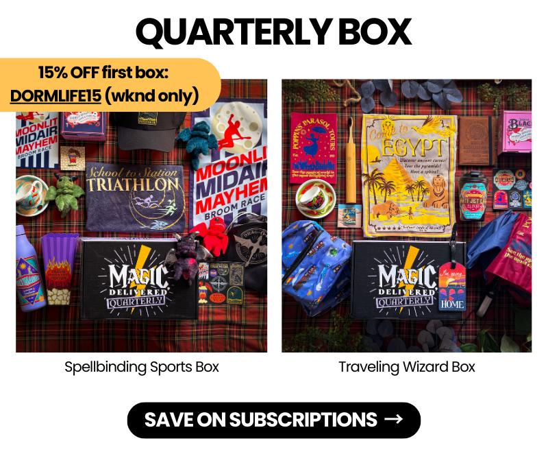 Quarterly Box section with Spellbinding Sports and Traveling Wizard boxes; 15% off first box—code DORMLIFE15 (weekend only)