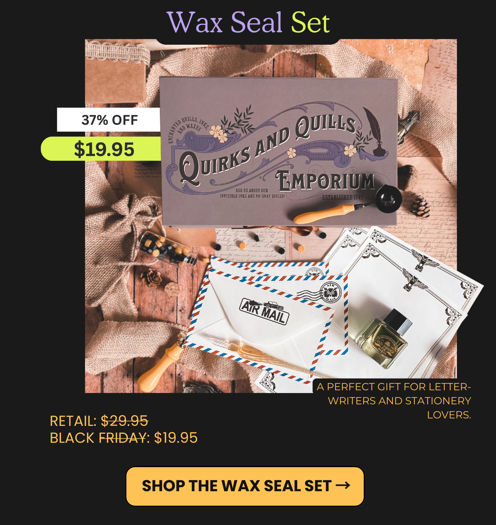 Wax Seal Set with envelopes and sealing tools on sale for $19.95.