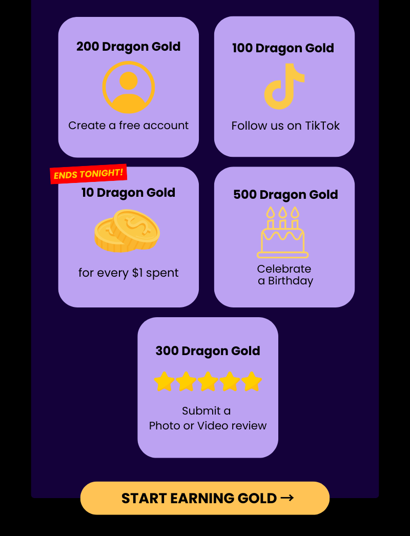 Grid of icons showing ways to earn Dragon Gold: Create Account 200, TikTok 100, spending 10 per dollar (ends tonight), birthday 500, photo/video review 300, plus 