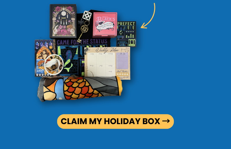 Flat lay of magical items from past boxes, including apparel, a planner, a teacup, and a Prefect pin. Arrow points toward the collection with text 'Claim My Holiday Box' on a yellow button.