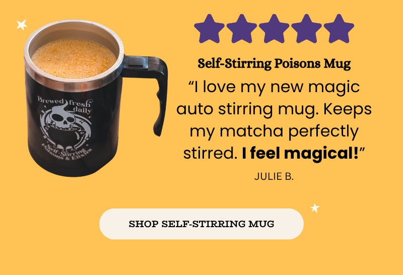 Self-Stirring Poisons Mug with foamy drink; 5-star review: 