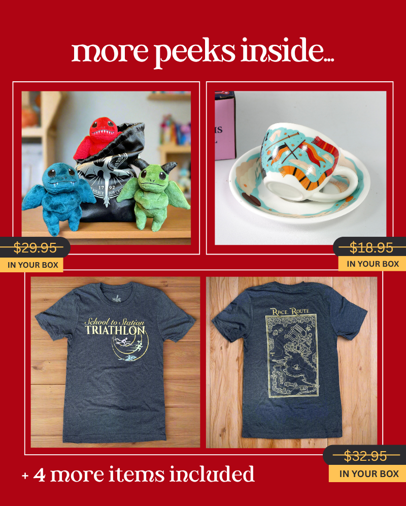 more peeks inside the Spellbinding Sports Box including the Magical Mallet League Hat + Dragon Plushie Trio + Mini Tea Cup Set + Magical Triathlon Tee and so much more....