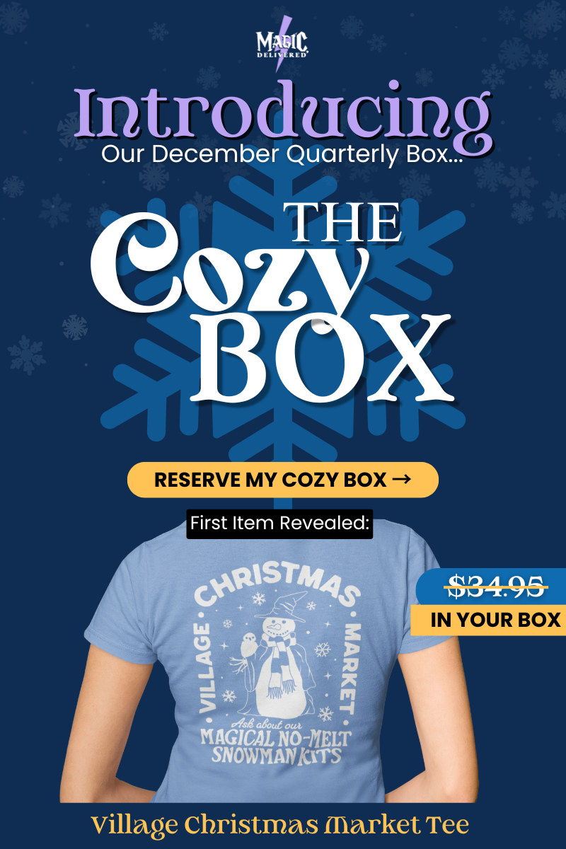Introducing The Cozy Box — December Quarterly Box by Magic, Delivered. A person wearing the Village Christmas Market Tee stands in front of a snowflake background. Text overlay: 'First Item Revealed – $34.95 IN YOUR BOX.' Call-to-action button: 'Reserve My Cozy Box.'