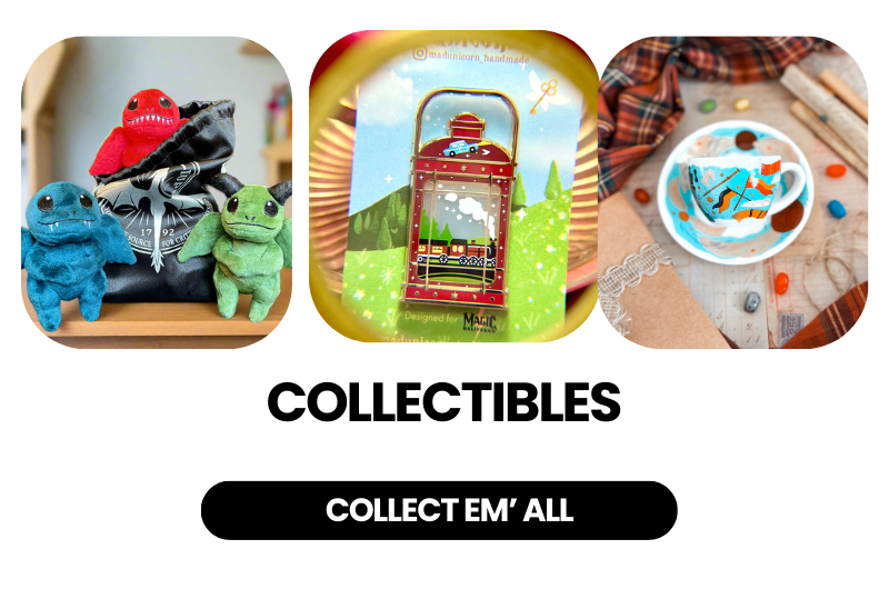 Collectibles showcase—plush creatures, lantern pin, and teacup—with 'Collect Em' All' button.