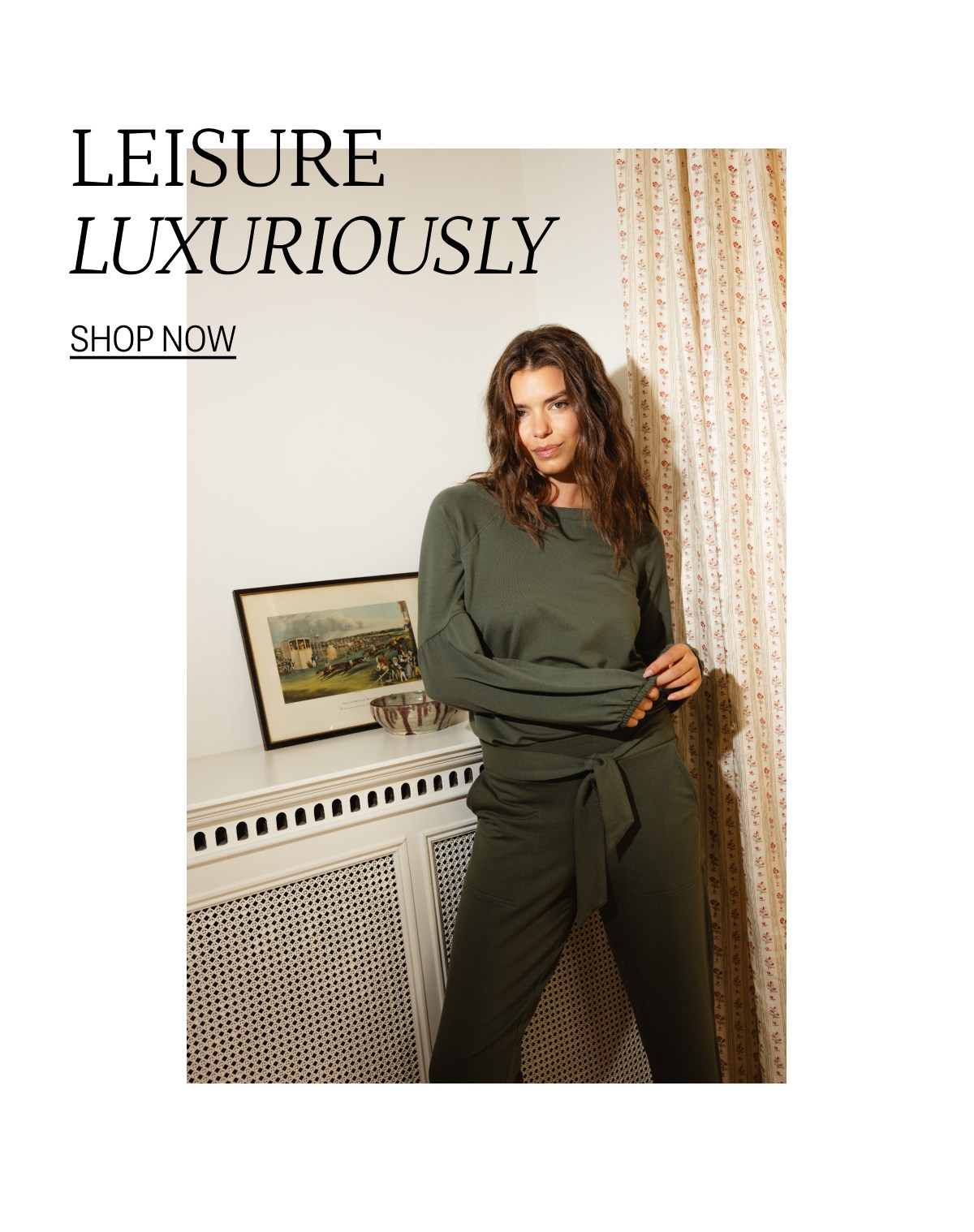 Model in olive green french terry set