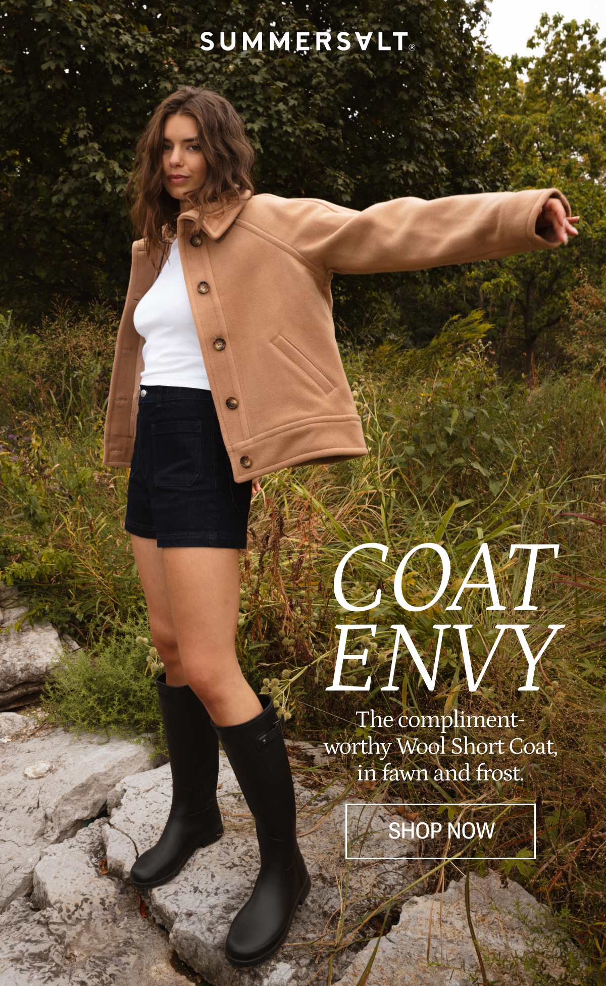 Model in brown wool short coat