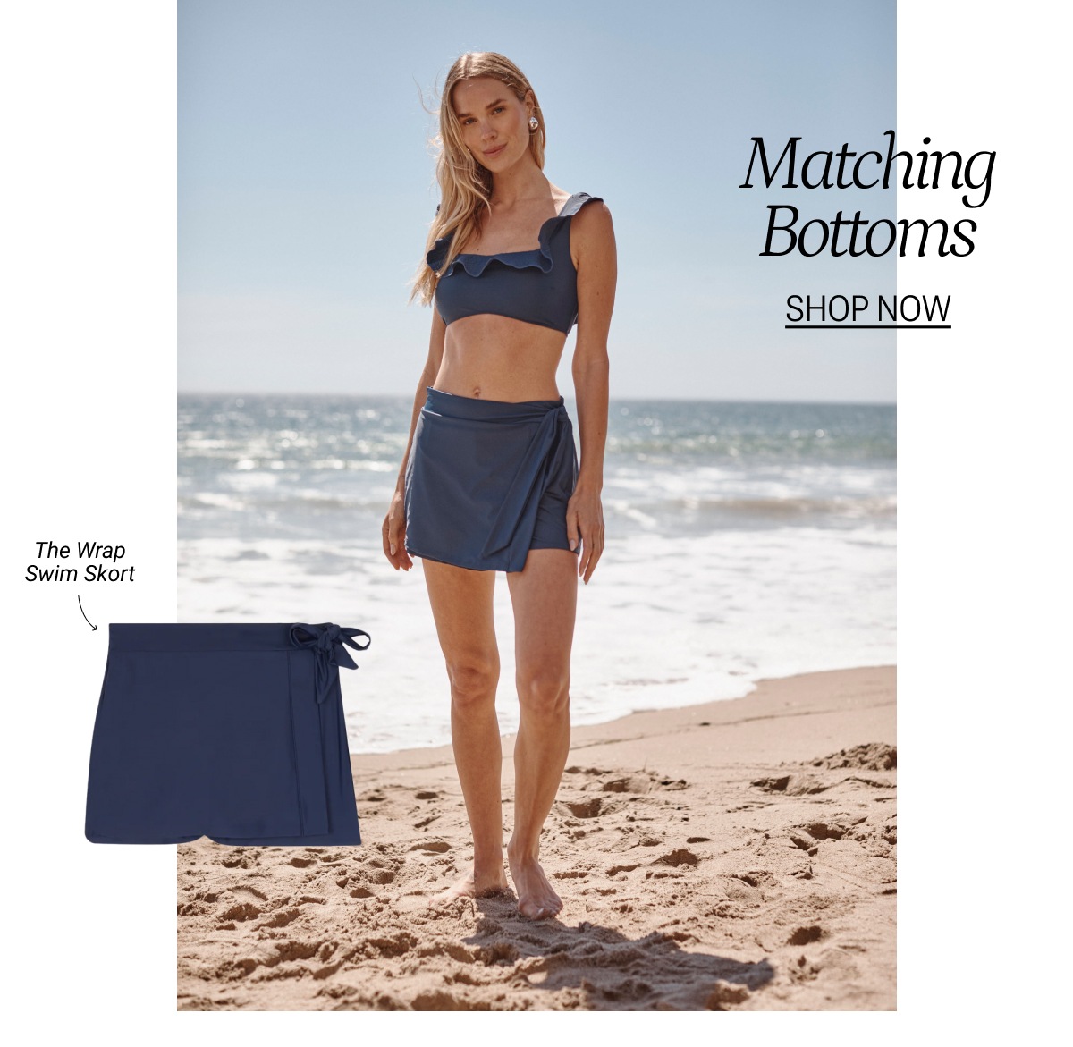 Model in bikini top and matching swim skort