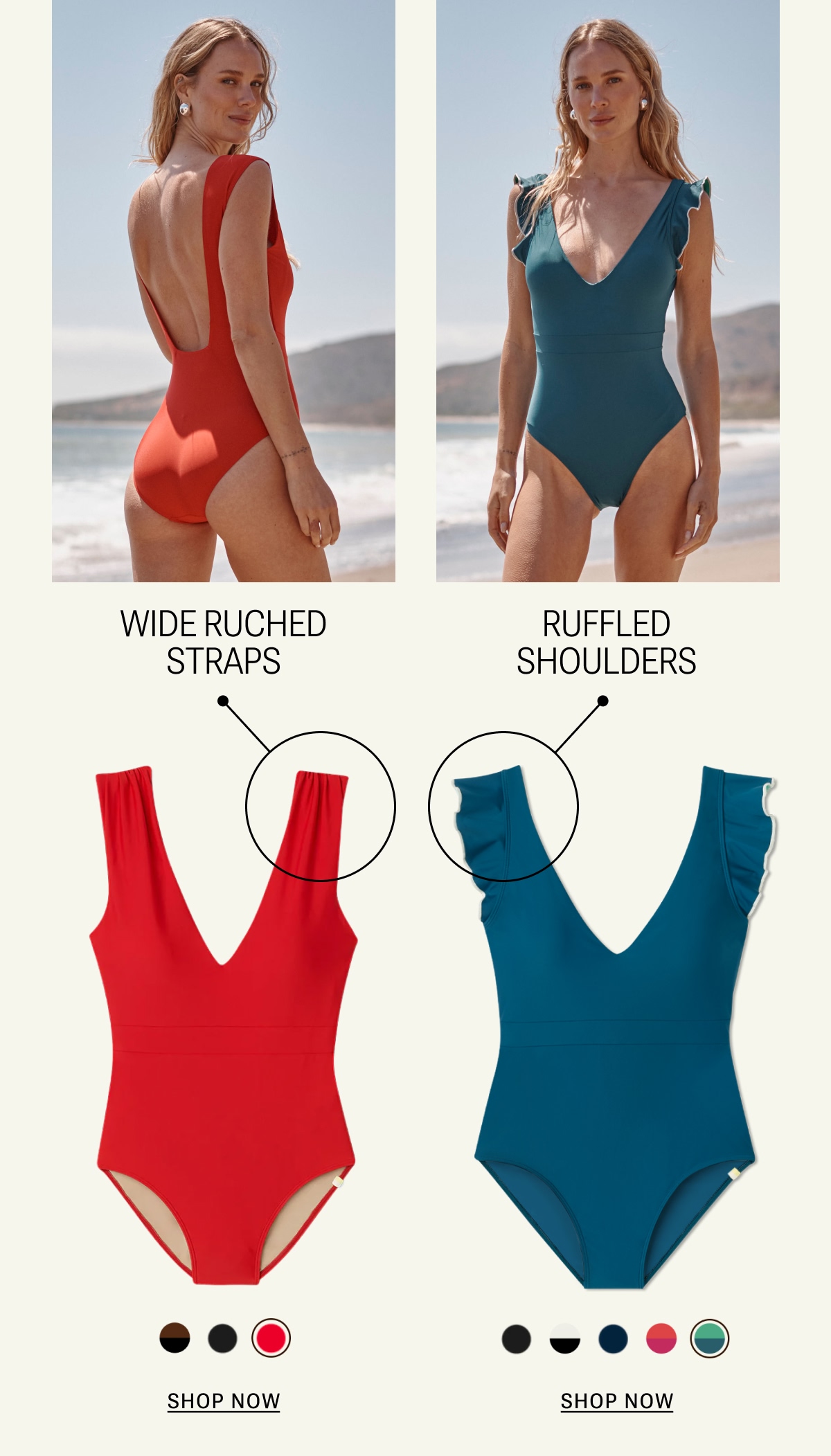 Models in Ruched And Ruffle Backflip swimsuits