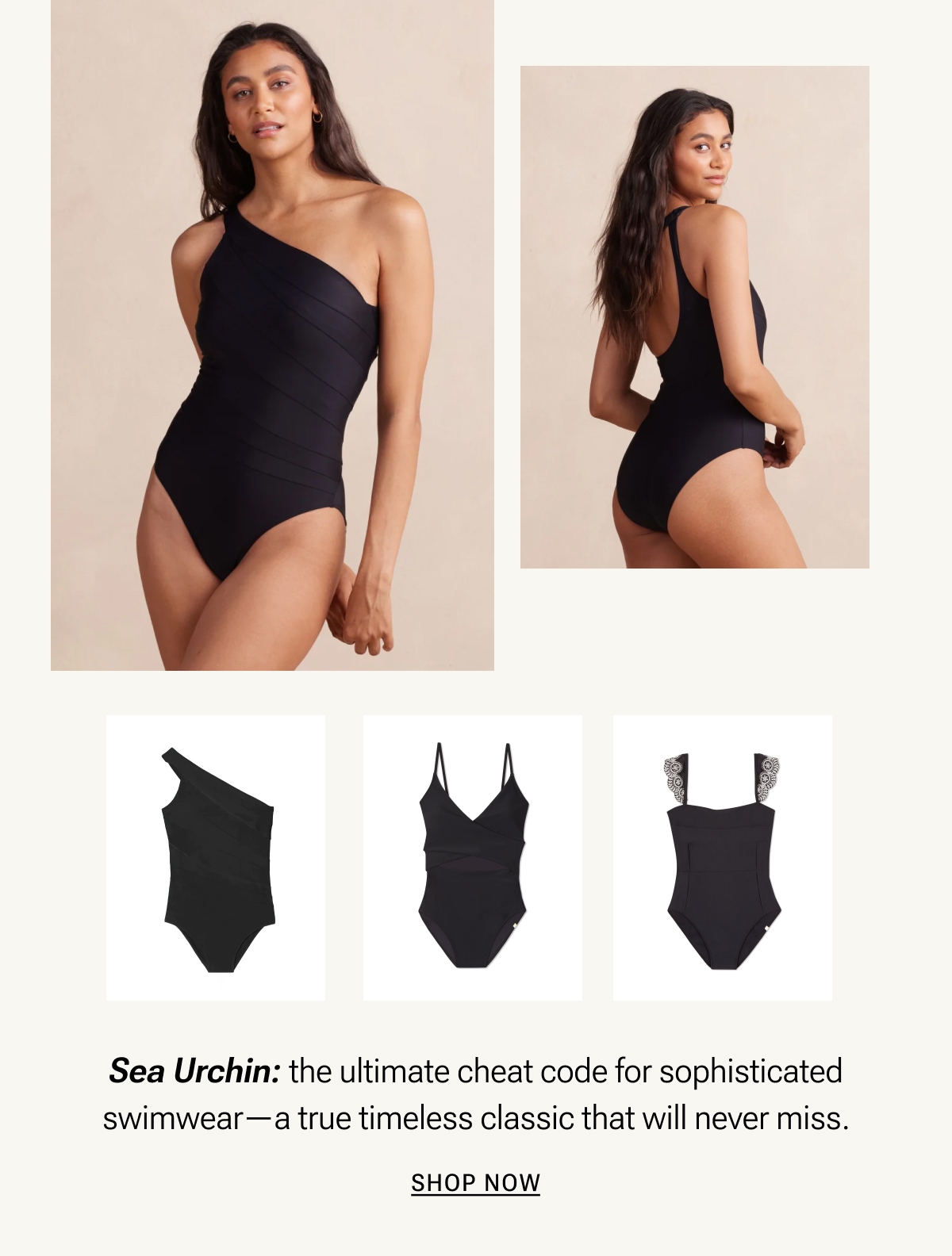 Model in black one piece swimsuit