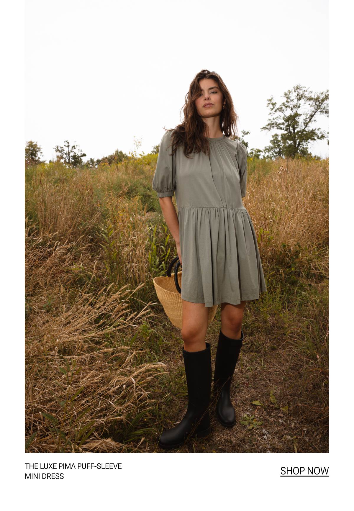 Model in henley french terry dress