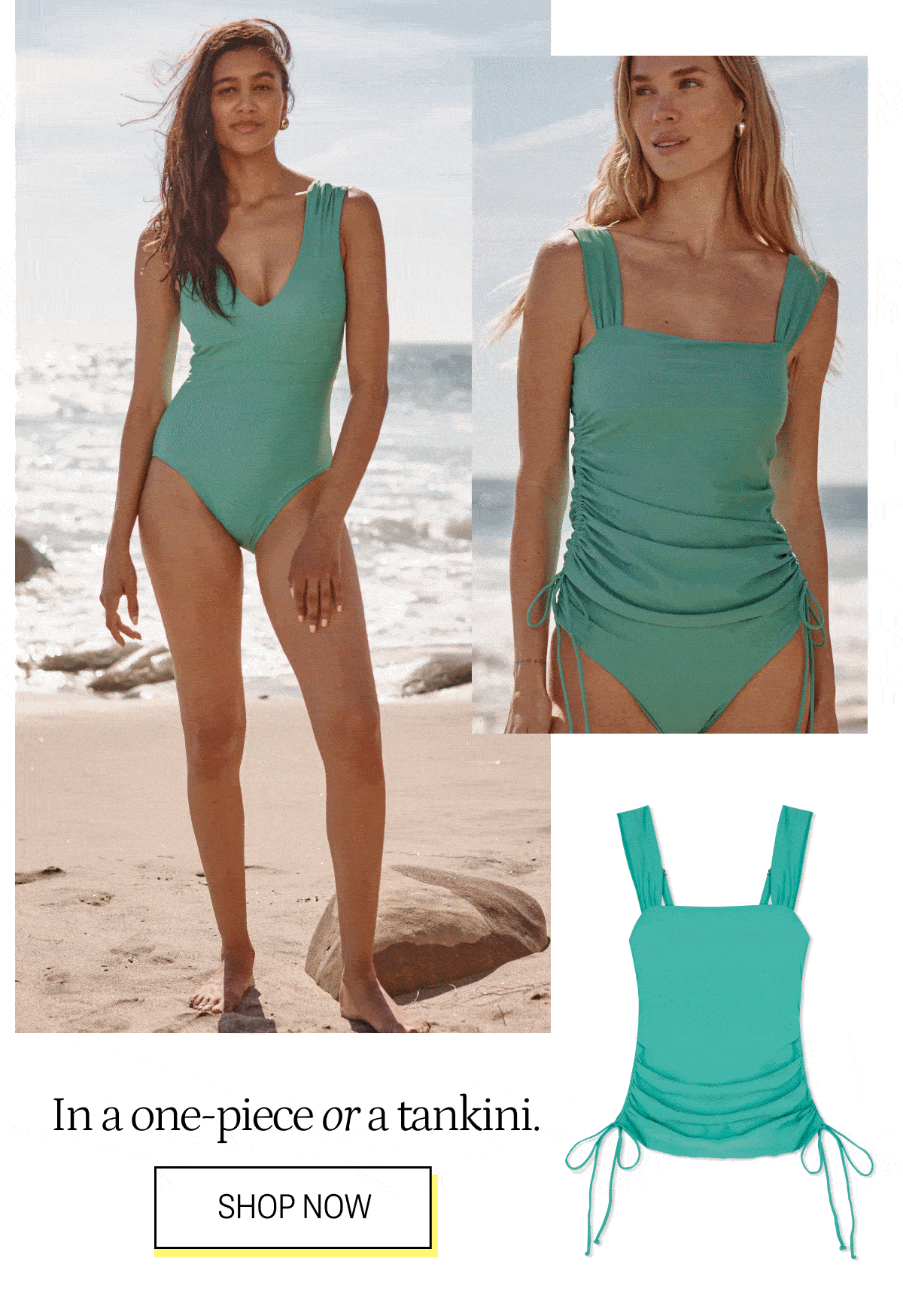 Models wearing a one piece swimsuit and tankini top in spring green on the beach