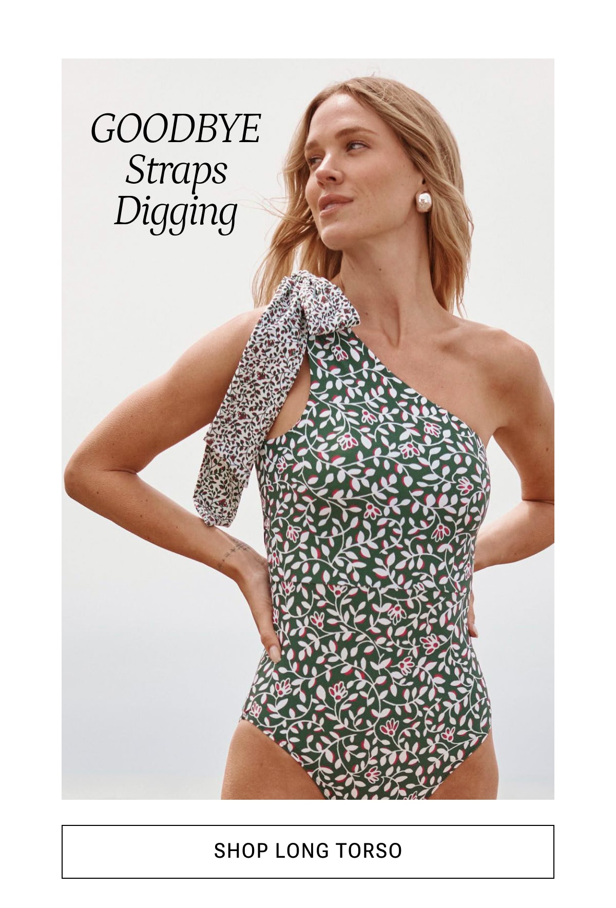 Model in olive green and white floral one piece swimsuit