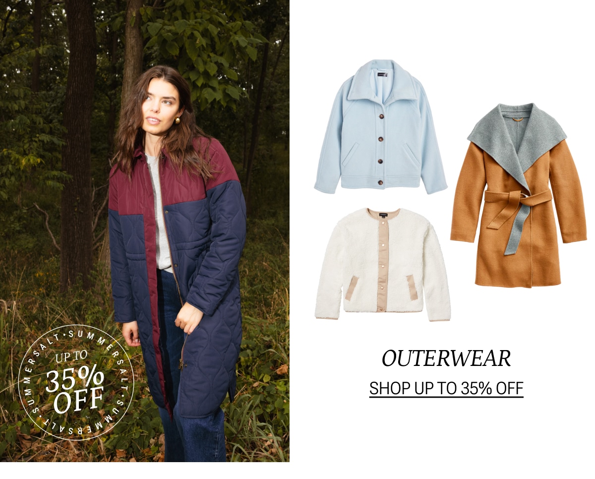 Model in blue and red colorblock long quilted coat