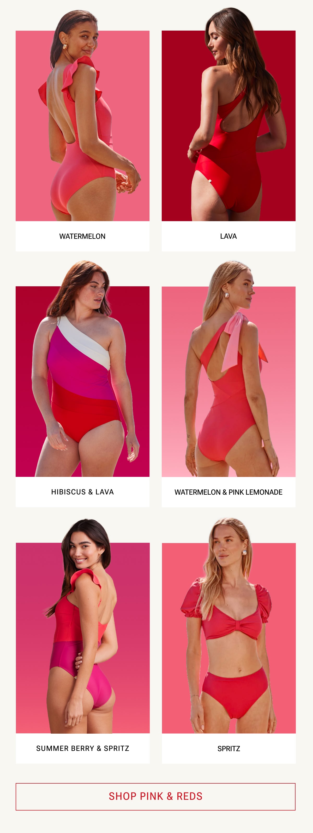 Models in pink and red one piece swimsuits and bikinis