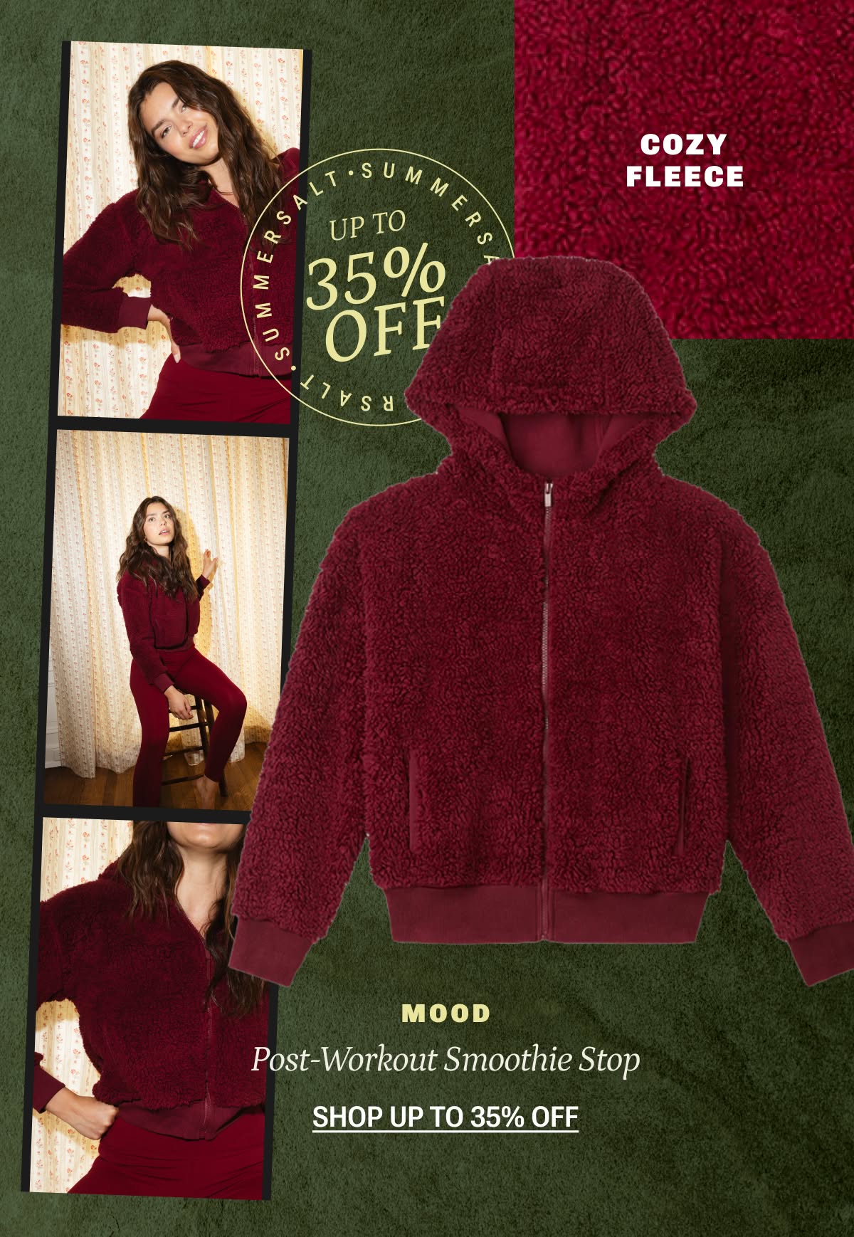 Model in dark red high pile fleece jacket