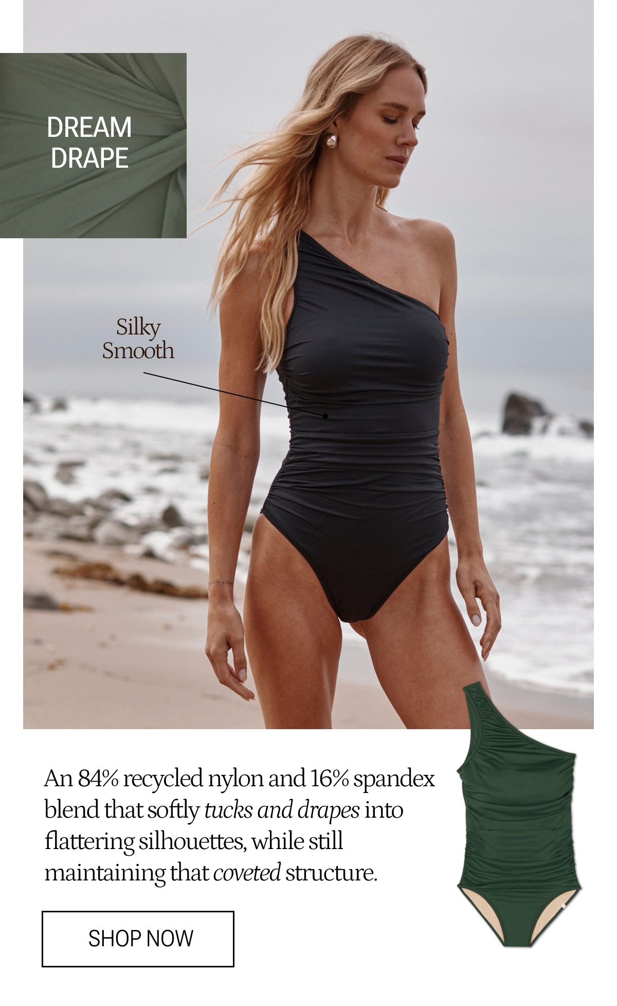 Model in DreamDrape black one piece swimsuit