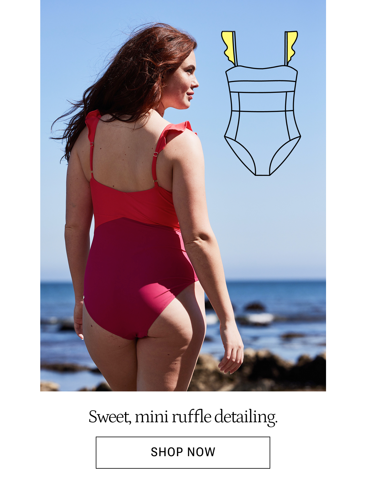 Model in pink and red ruffle one piece swimsuit