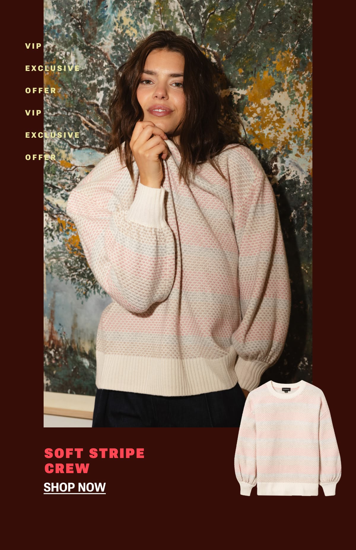 Model in rainbow cashmere sweater