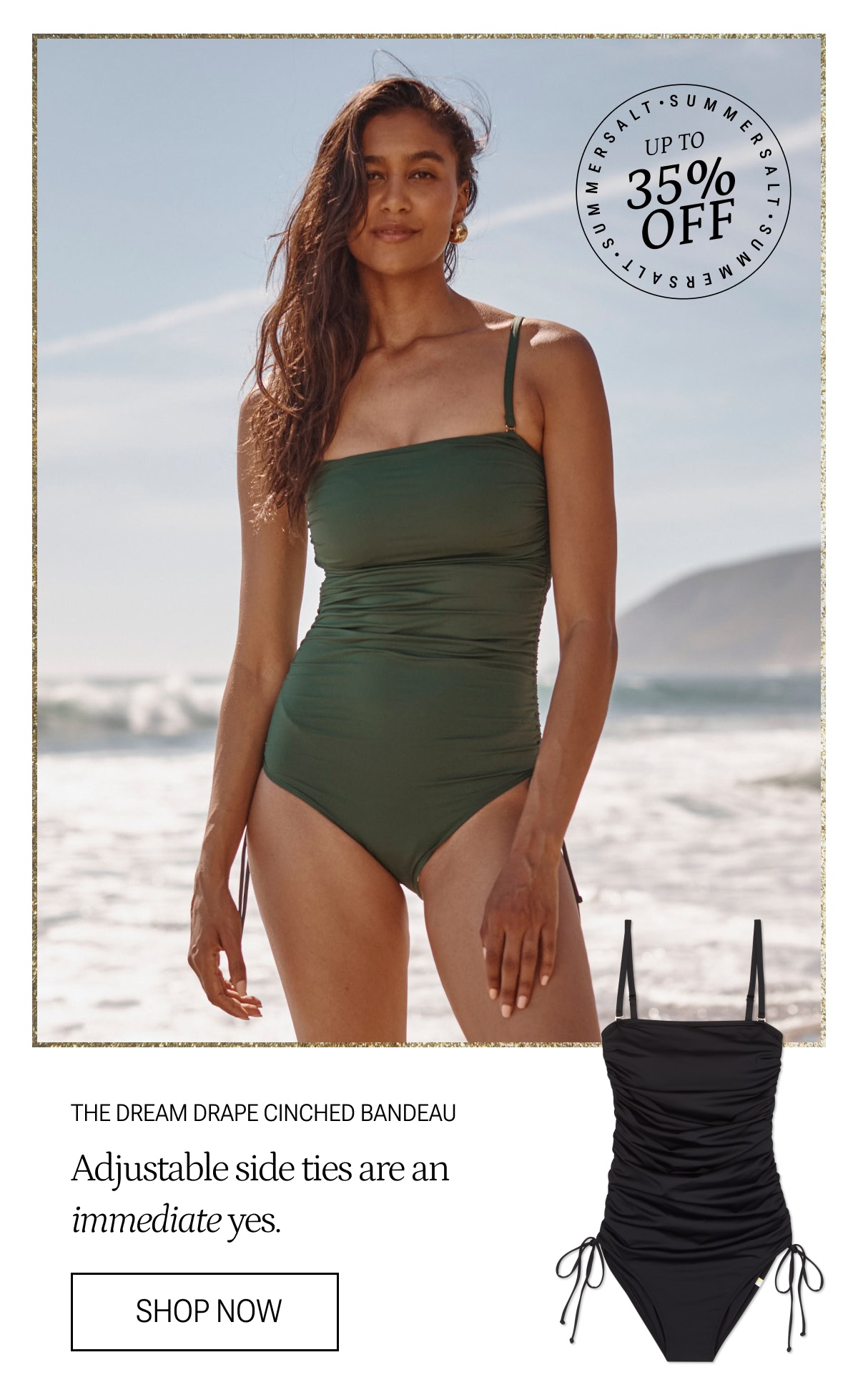 Model in olive green dreamdrape cinched bandeau