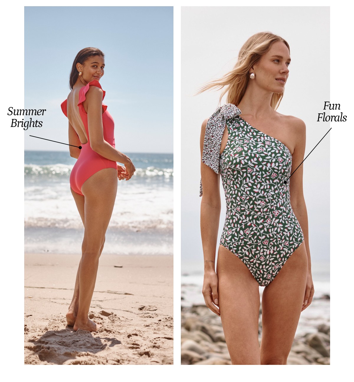 Models in bright pink and floral one piece swimsuits
