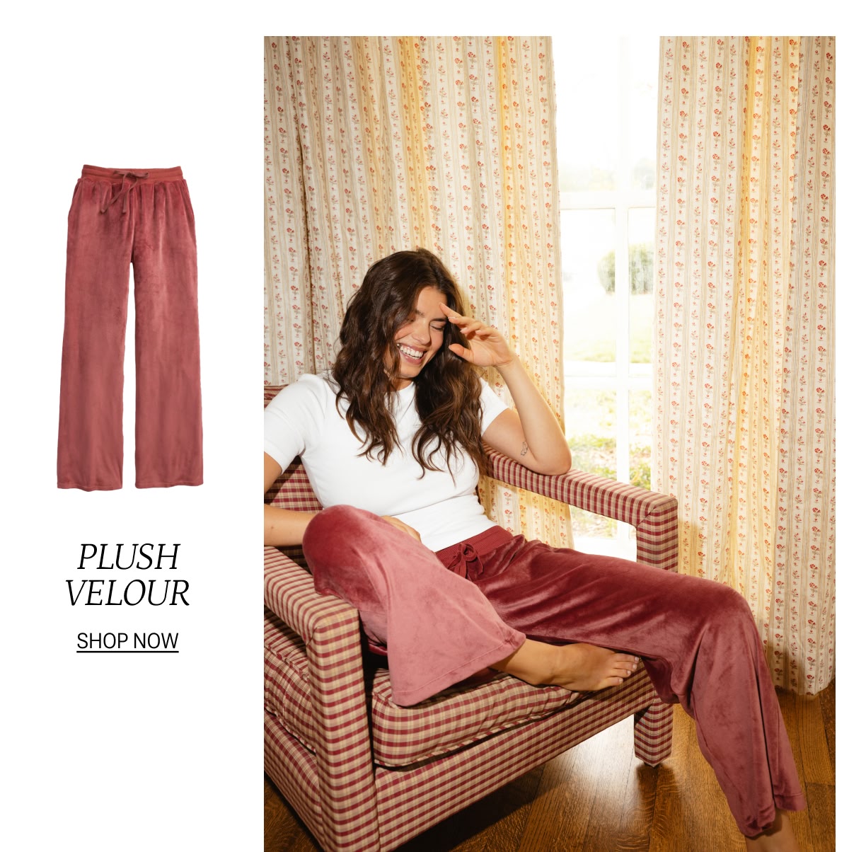 Model in rosewood velour pants