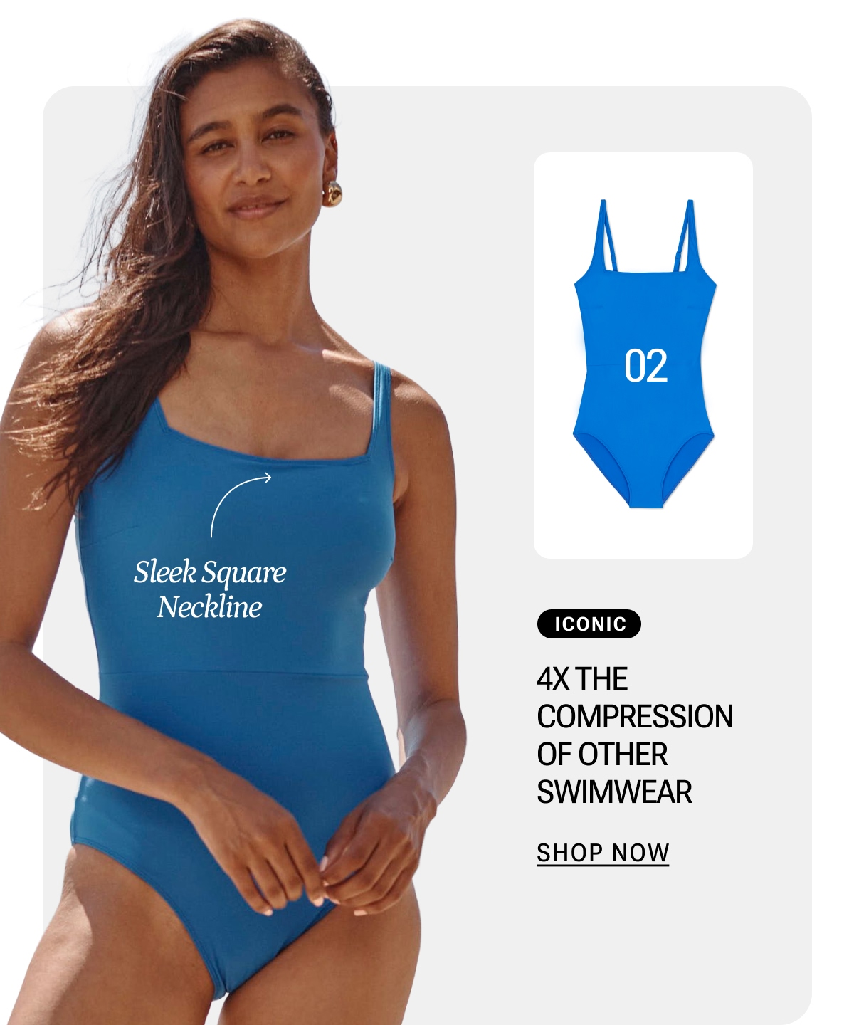 Model in blue square neck one piece swimsuit