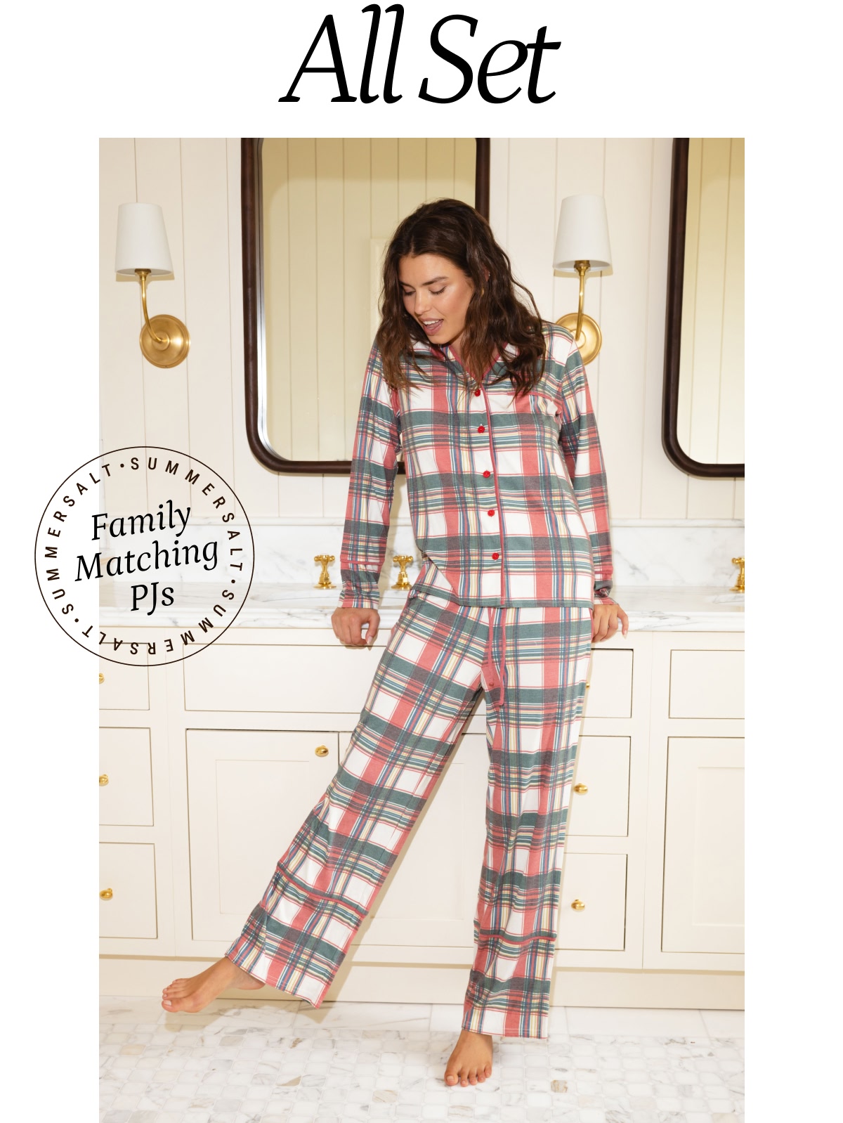 Model in red and white plaid holiday pajamas