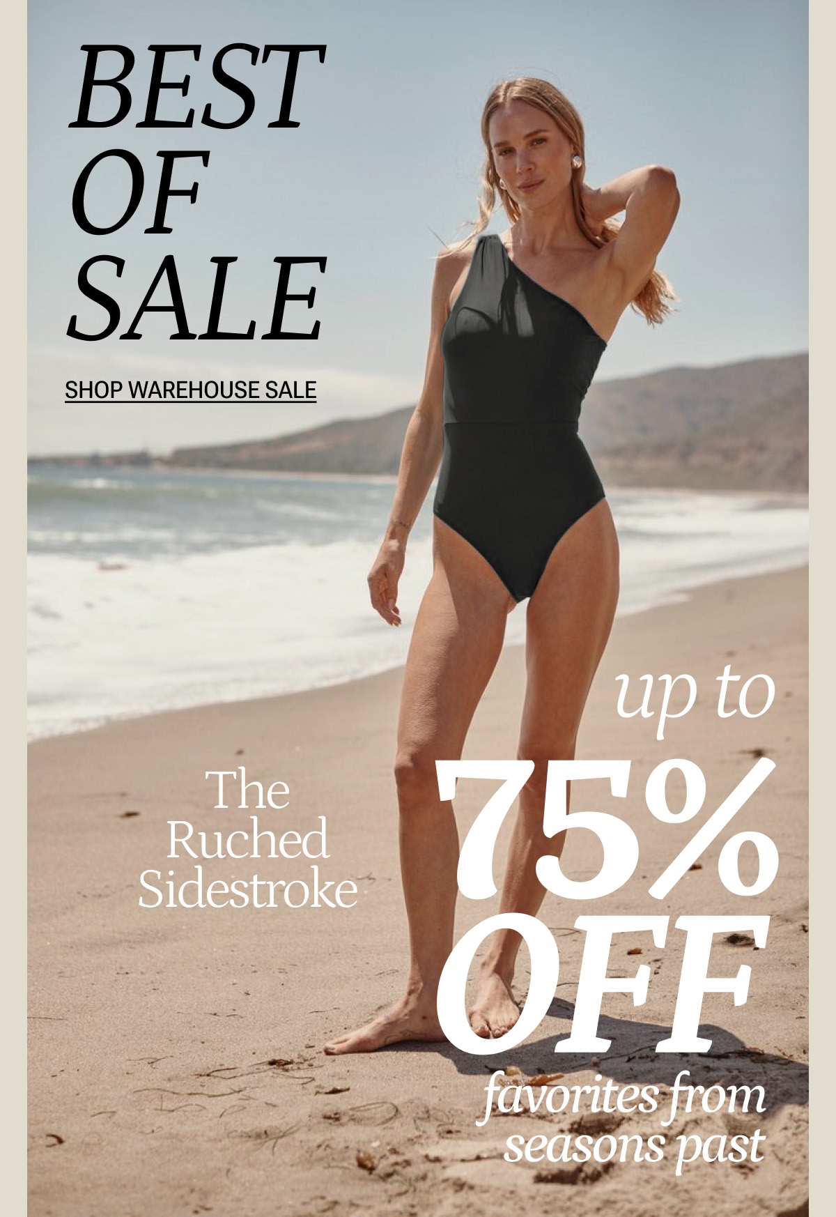 Model in black one piece swimsuit