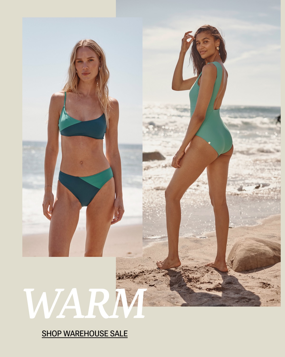 Models in green and blue one piece swimsuit and bikini top and bottom