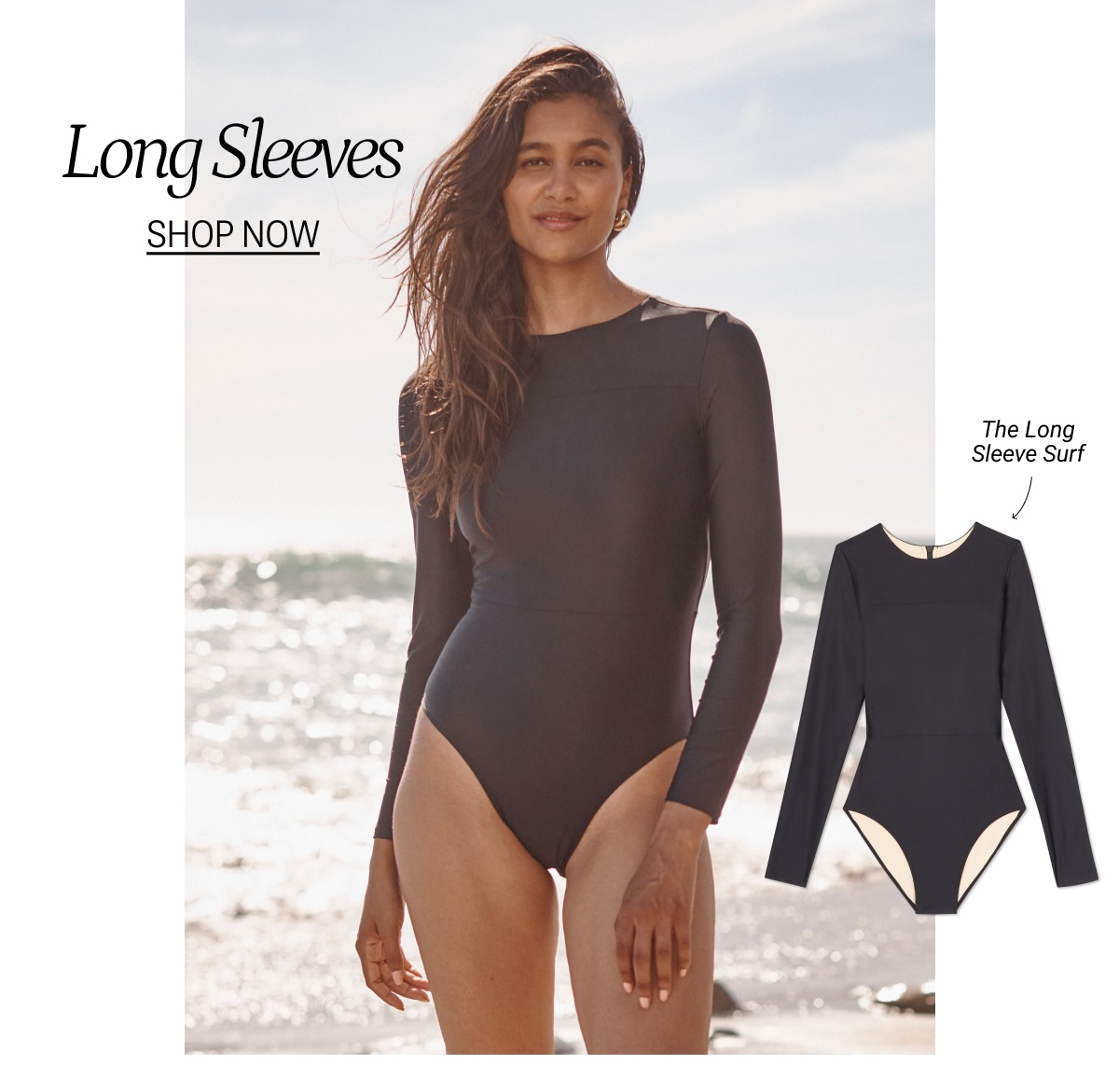Model in long sleeve one piece swimsuit