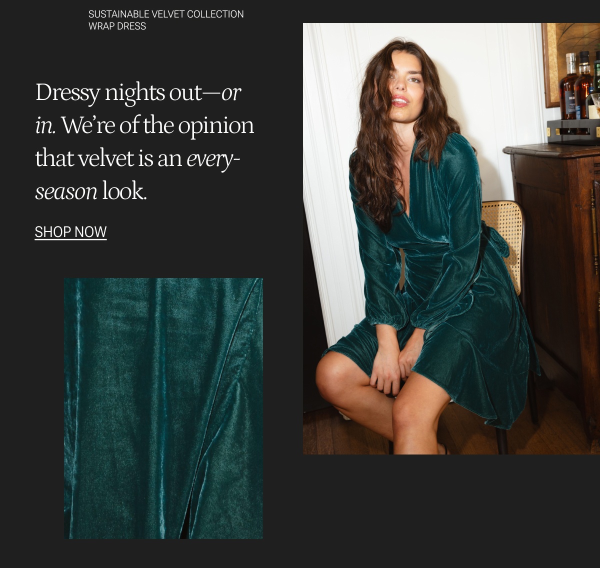 Model in green velvet wrap dress