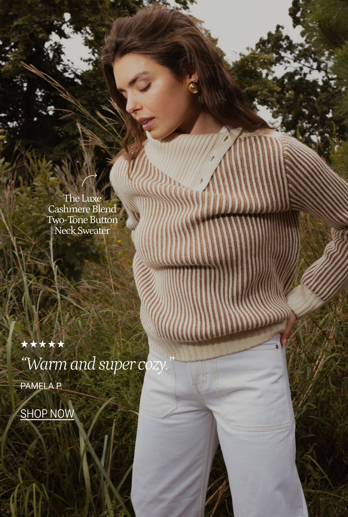 Model in cream and tan striped turtleneck cashmere sweater Model in cream and tan striped turtleneck cashmere sweater