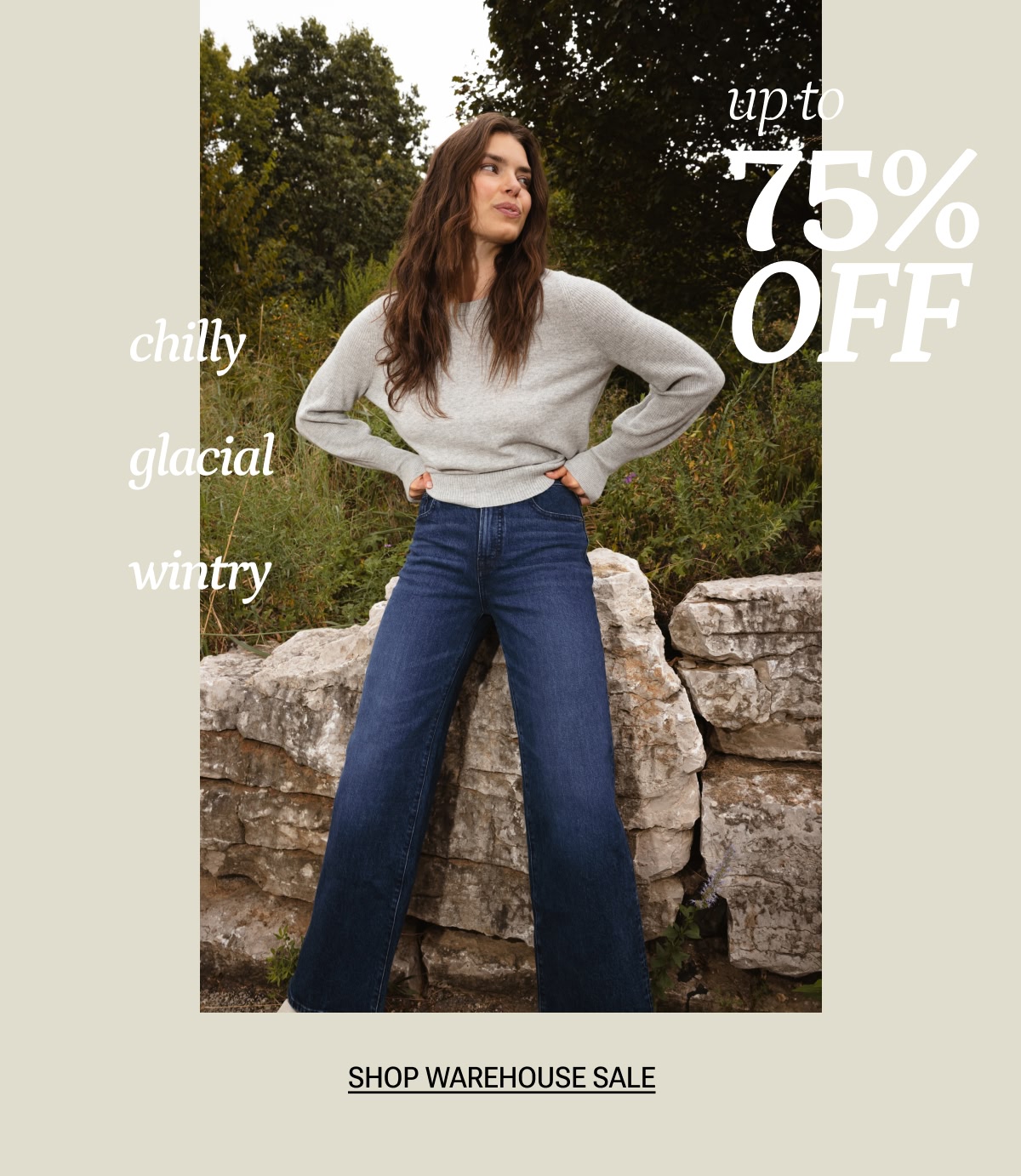 Model in gray cashmere sweater and denim