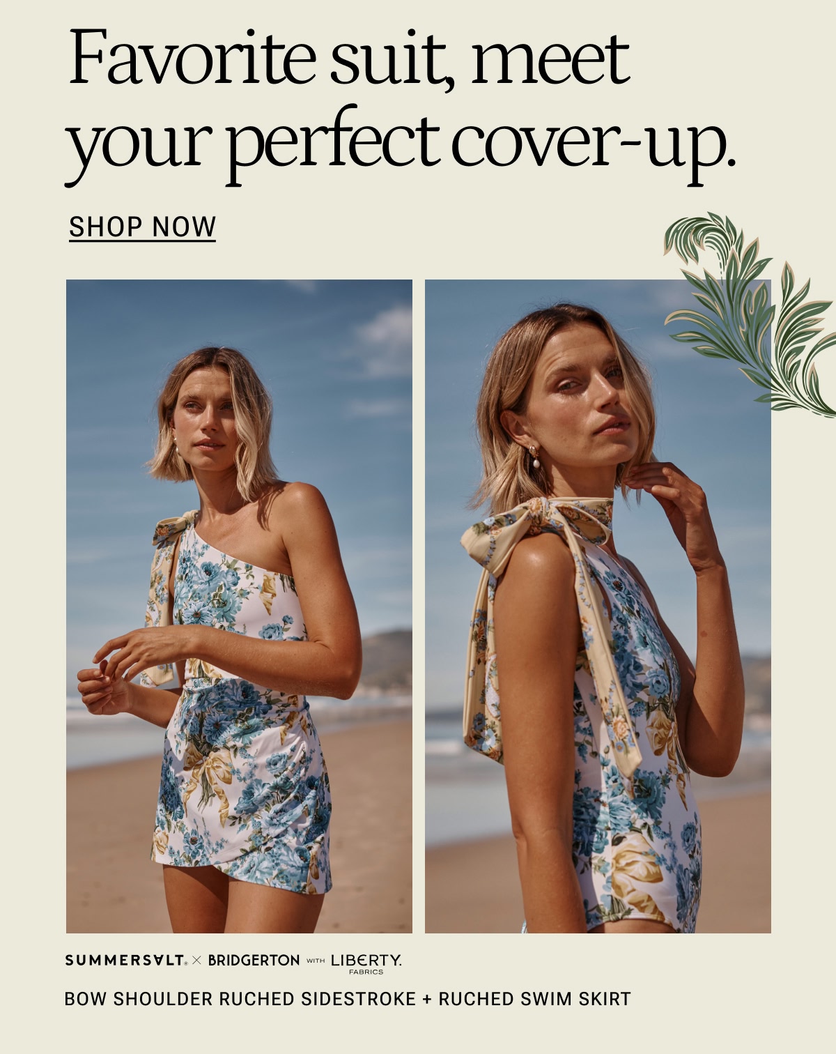 Model in blue floral one piece swimsuit and matching ruched swim skirt