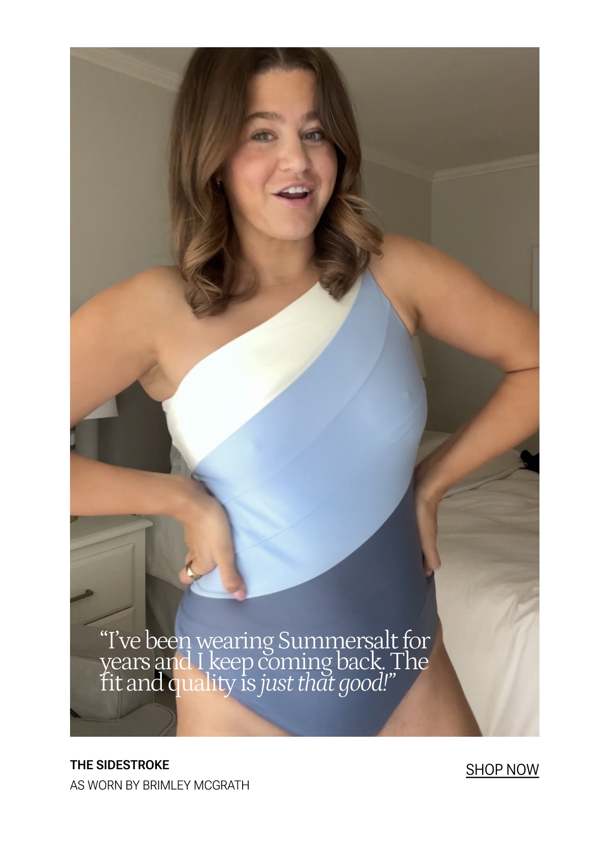 Model in blue and white one piece one shoulder swimsuit