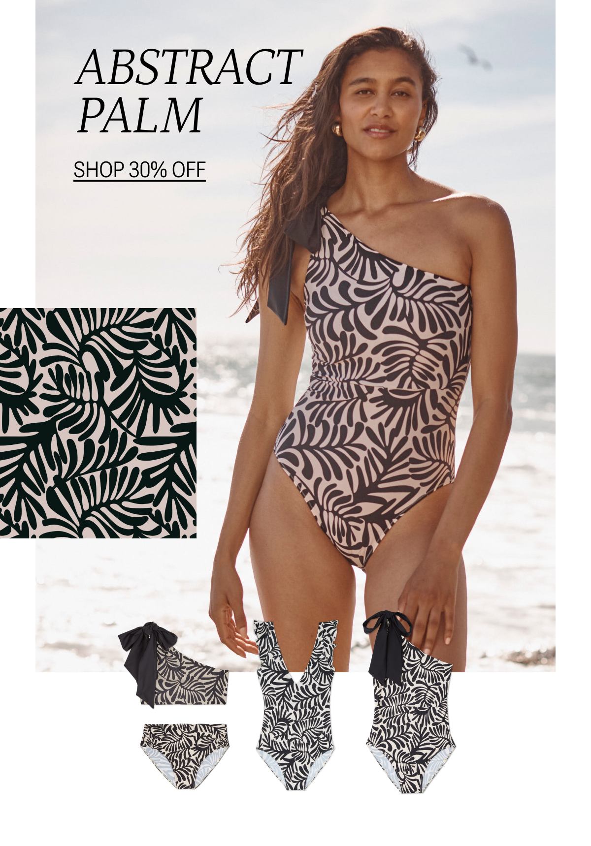 Model wearing an abstract palm print one piece swimsuit