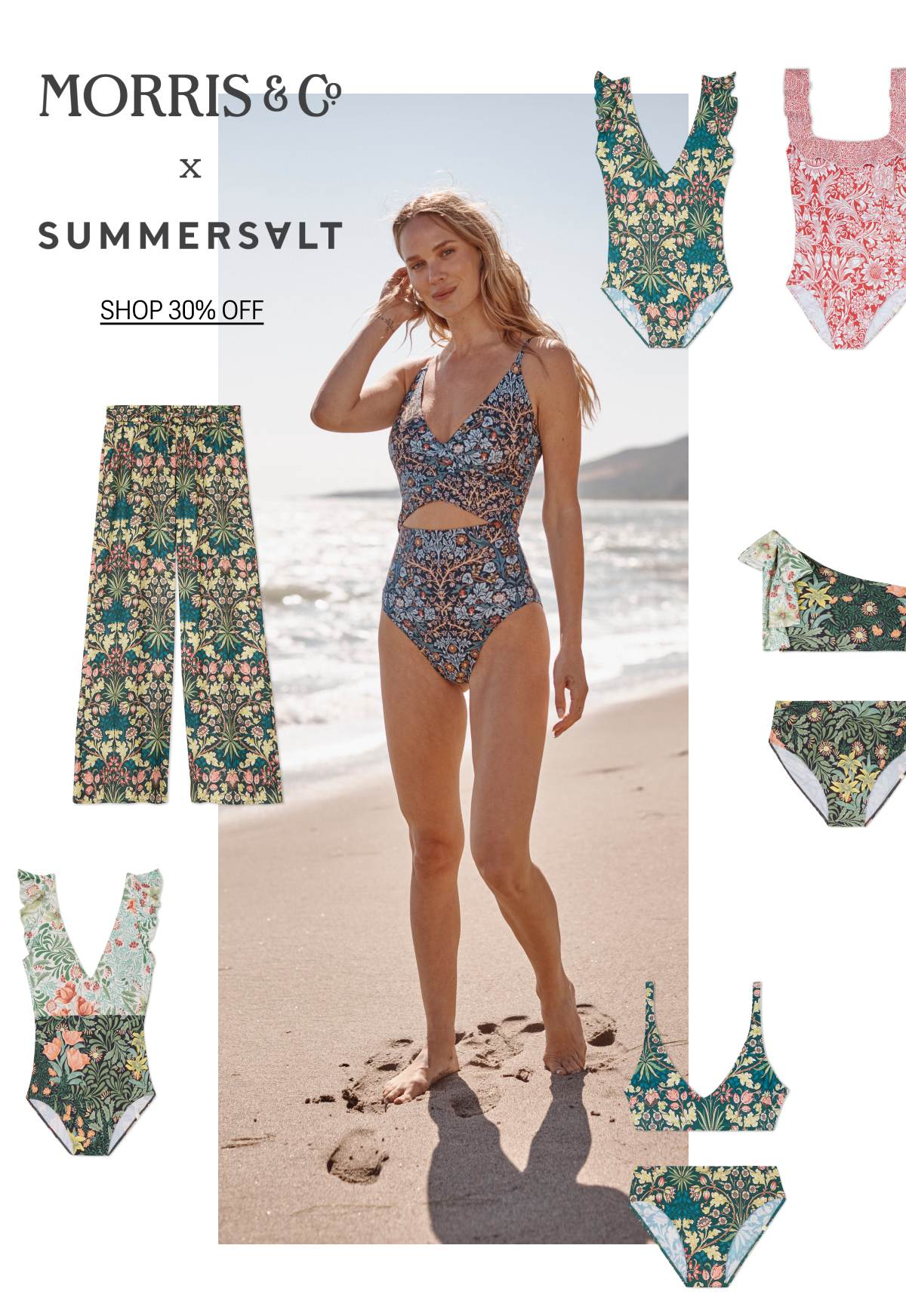 Model in floral printed one piece cutout swimsuit