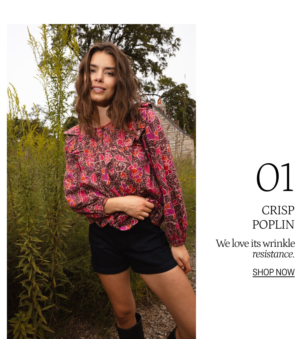 Model in fall printed ruffle blouse and shorts