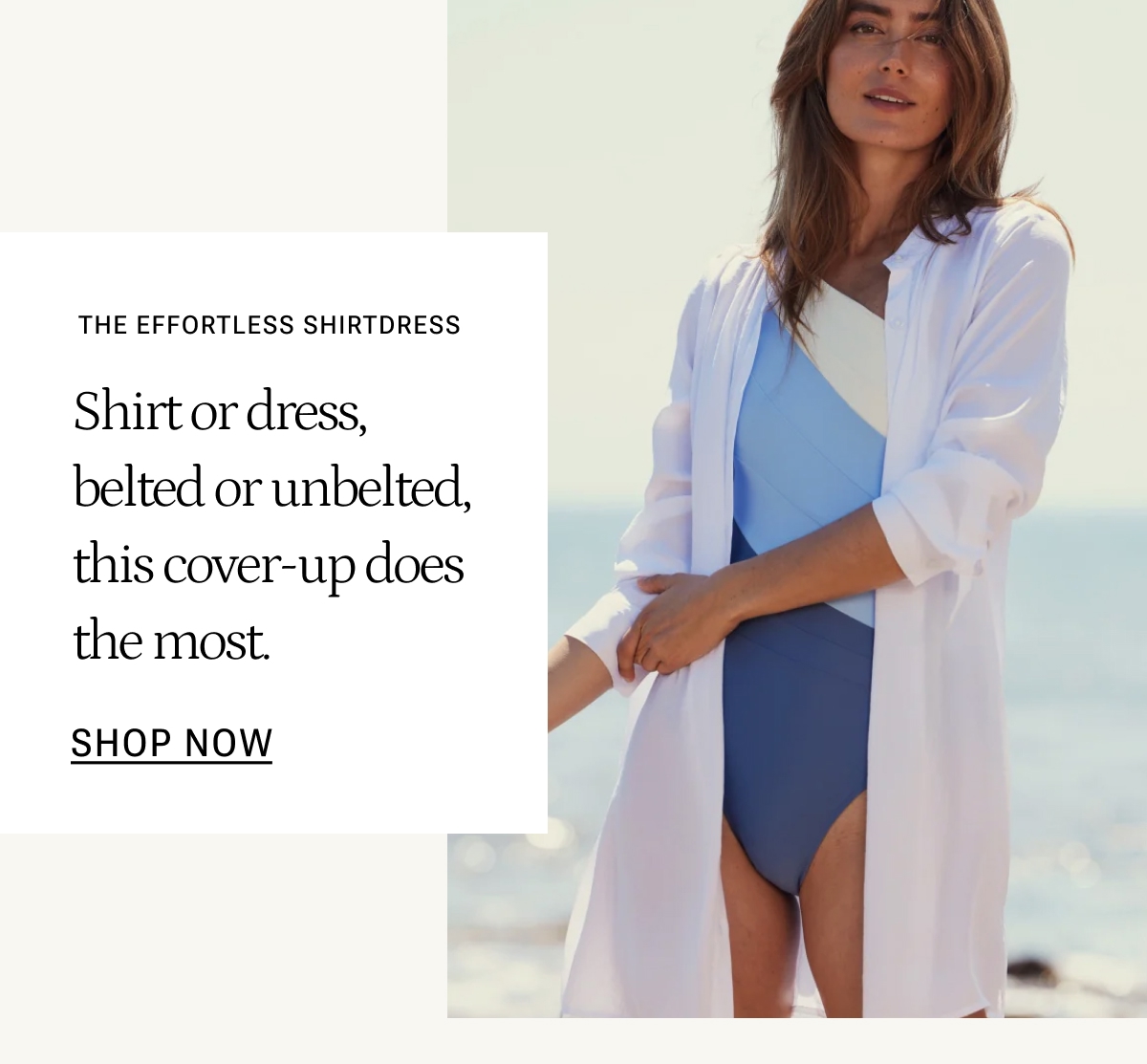 Model in white long shirtdress cover-up