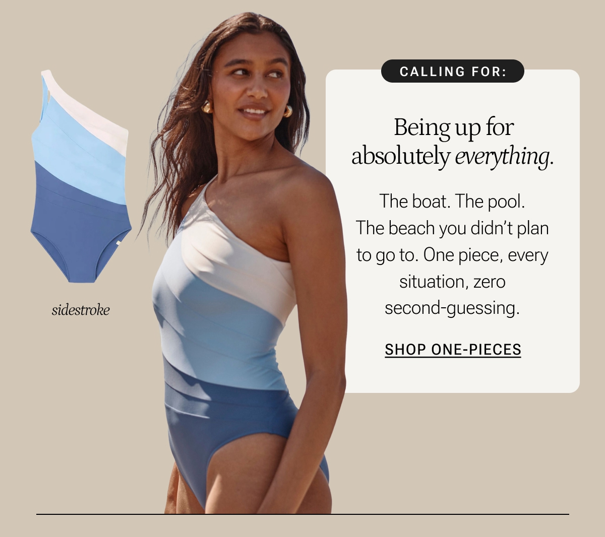Model in blue and white one piece swimsuit