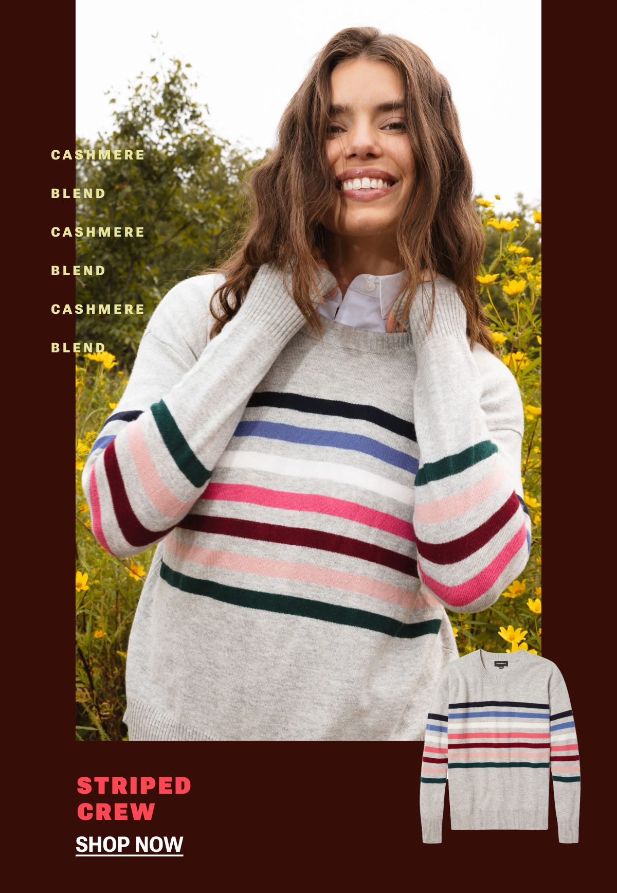 Model in colored striped gray cashmere sweater