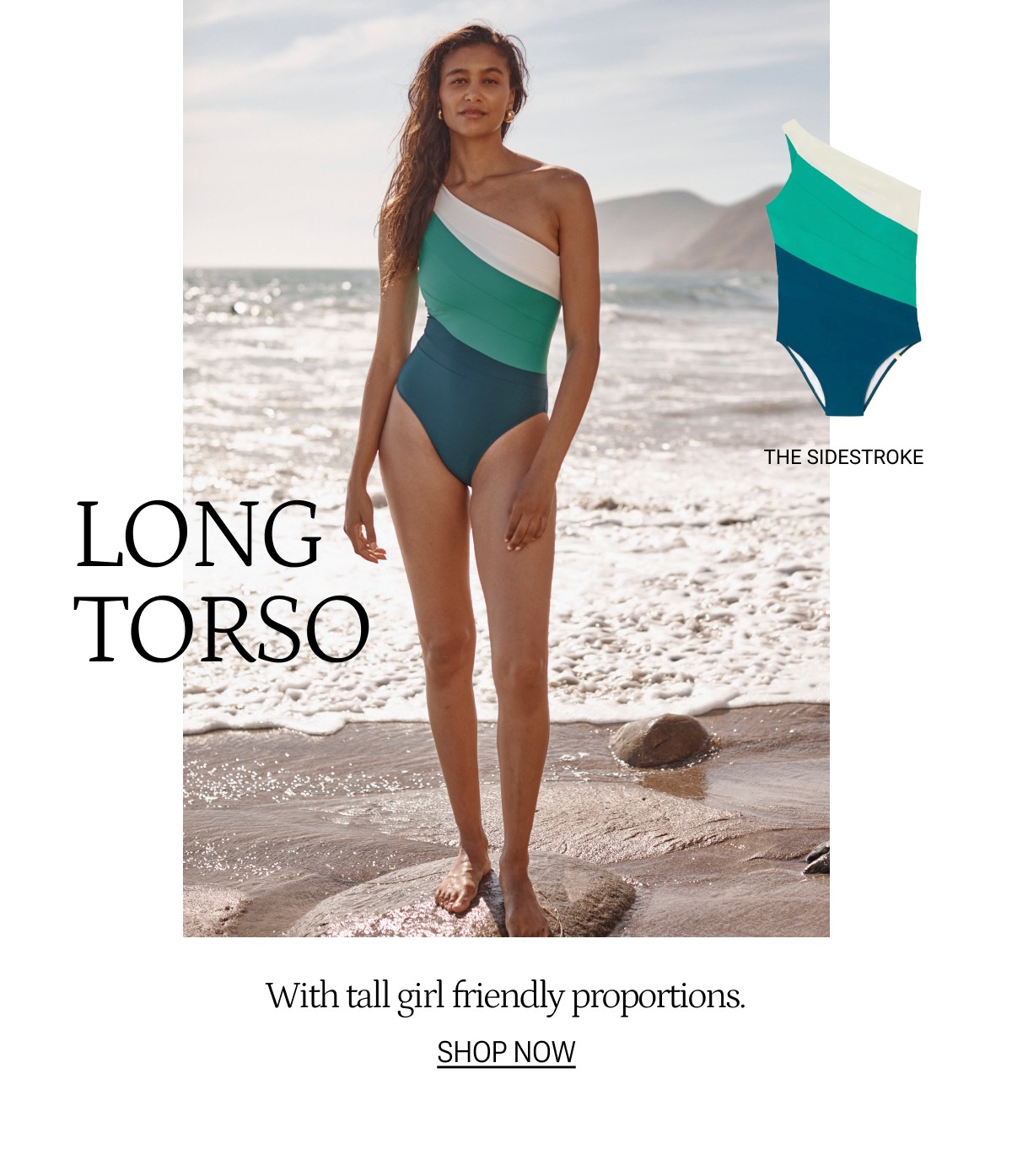 Model in green, blue and white one piece swimsuit