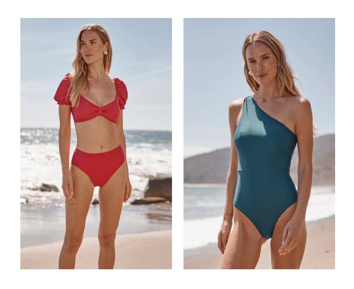 Models in red bikini set and model in teal one piece swimsuit