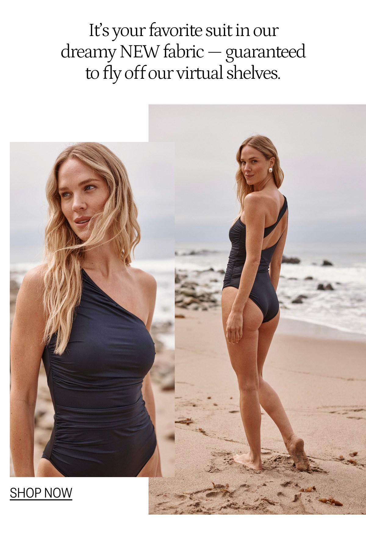 Model wearing a black one piece swimsuit on the beach